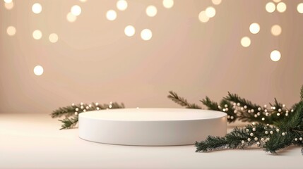 Festive white podium with garland and lights on beige backdrop