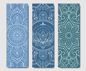 Set of design yoga mats. Lotus floral pattern, mandala in oriental style for decoration sport equipment. Colorful ethnic Indian ornaments for spiritual serenity. Decor of card, poster, print.