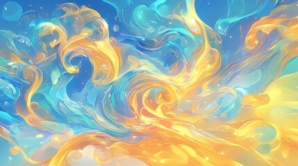 Abstract Fluid Art with Vibrant Blue and Yellow Swirls in a Dynamic and Energetic Composition