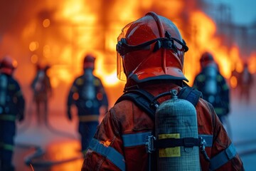 fireman with fire flame in an emergency situation in background