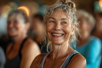 Fototapeta premium Fitness, laughing and friends at the gym for training, Black pilates class for active healthy lifestyle. exercise in a group for a workout, cardio or yoga in a studio