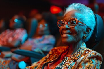 Fototapeta premium happy senior black woman in cinema watching movie