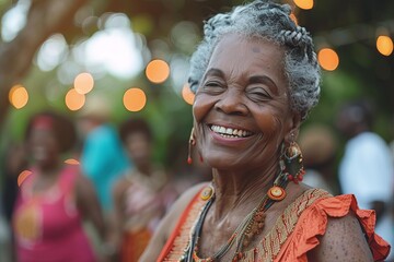 Happy senior retired black woman dancing during dance course