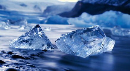 Two ice cubes floating in a body of water