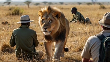A  Group of young people watch and photograph wild lion