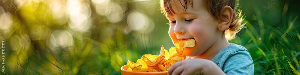 Wall mural a child eats chips on the background of nature. Selective focus