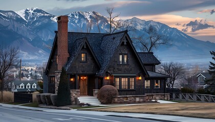 Fototapeta premium Chic suburban Gothic Revival house in dark brown, mountain view, midday,