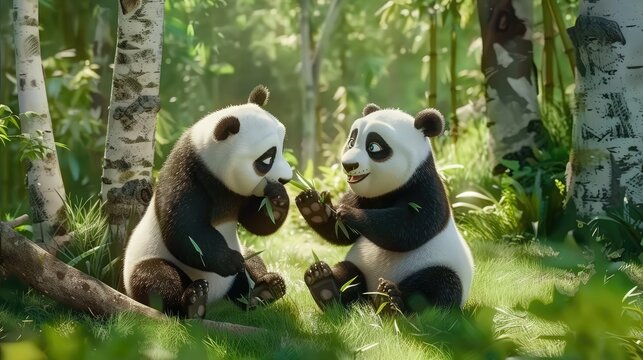 Two giant pandas sit on the forest floor, happily munching on bamboo shoots