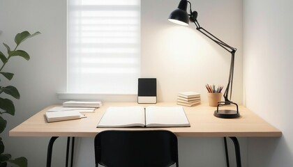 desk featuring a single work lamp illuminating an orderly arrangement of notebooks and books, light-colored wood or white desk, black metal chair frame
