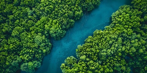 Naklejka premium Capturing CO2 for carbon neutrality Aerial view of lush mangrove forest. Concept Nature Conservation, Carbon Neutrality, Aerial Photography, Mangrove Forest, CO2 Capture