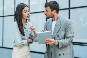 Two coworkers using a digital tablet and talking while standing outside. Modern business colleagues chatting together in front of office building on their way to work. Businesspeople collaboration
