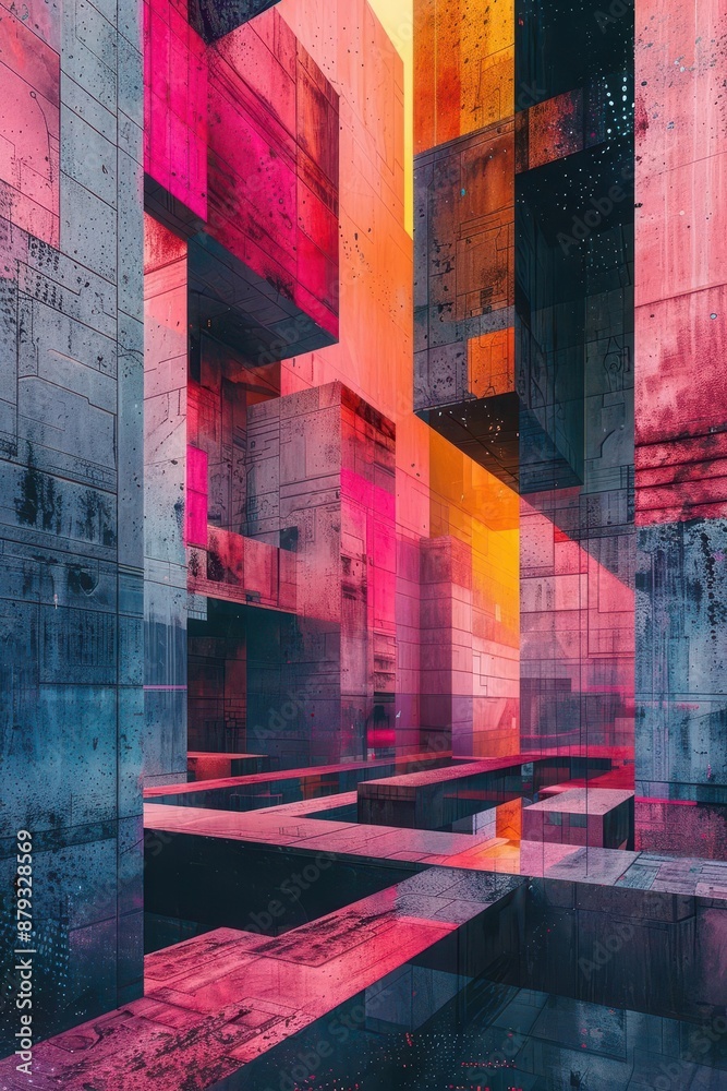 Poster geometric shapes and surreal elements in a futuristic urban setting, creating an abstract and intrig