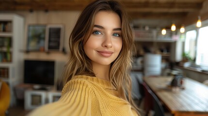 A young blonde woman taking a selfie in her stylish modern apartment. She is smiling warmly, wearing a yellow sweater, with a chic and inviting interior as the background.