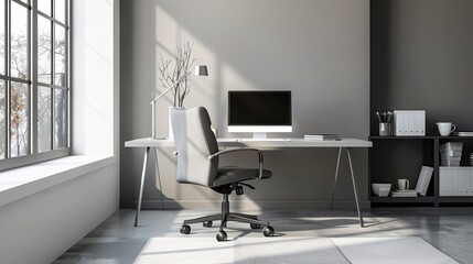Minimalist workspace with a sleek desk, ergonomic chair, and laptop setup.