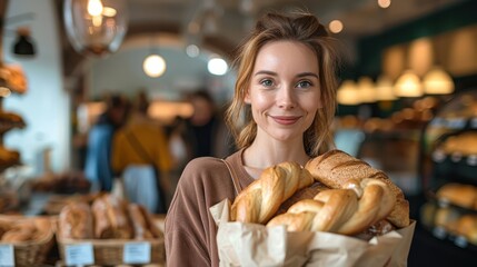 A woman stands in a bakery holding an armful of freshly baked bread, smiling warmly at the camera, surrounded by an array of delicious baked goods in a friendly shop environment.