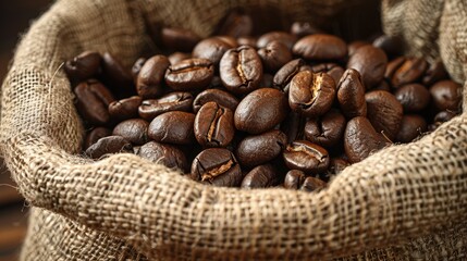 Aromatic coffee beans in a rustic burlap sack