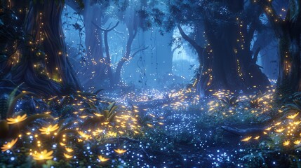 The enchanted forest is home to glowing plants and mysterious creatures in a mythical wilderness.