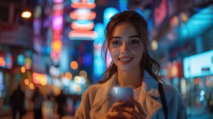 Obraz premium A young woman is shown immersed in bright neon city lights at night, holding a phone, embodying a sense of modernity and vibrant urban lifestyle.