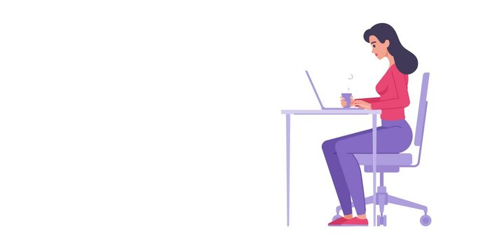 Confident business woman working use laptop sitting at desk with hot tea coffee beverage flat animation