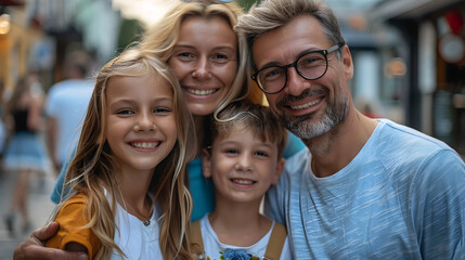 Obraz premium Happy smiling parents with kids on in a street