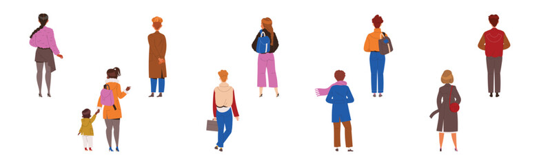 People Characters Standing in Row Back View Vector Illustration Set