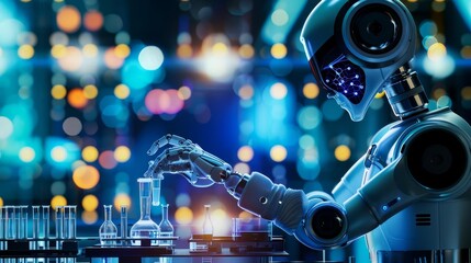 AI-driven robot conducting experiments in a sleek, futuristic laboratory, Science Automation, Study