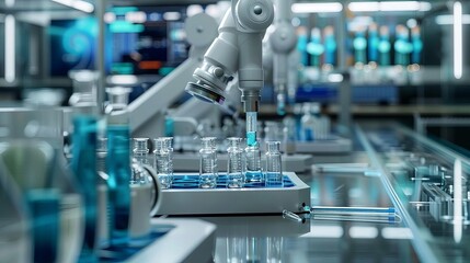 Fototapeta premium Laboratory filled with automated equipment performing synchronized experiments, Science Automation, Invention