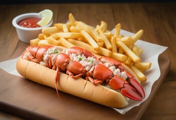 lobster roll with a side of fries on a wooden table, ad shot
