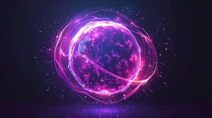 Obraz premium Abstract neon energy sphere of particles and waves of magical glowing on a dark background, circle and loop frames with magic purple and pink flame and sparks isolated on transparent.