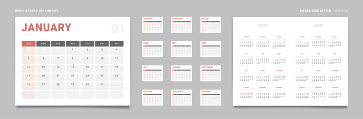 Set of 2025 Pages Monthly Calendar Planner Templates and annual 2025-2026. Vector pages for wall or desk minimalist calendar with week start on Sunday for printing. Page size Letter -8.5x11 in