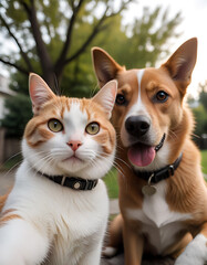 Obraz premium Playful young cats, a curious kitten and a fluffy pup explore together Generative AI