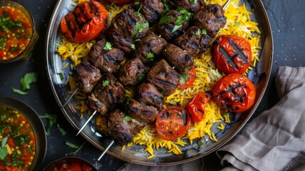 Persian saffron rice with tahdig crust, served with lamb kebabs and grilled tomatoes.