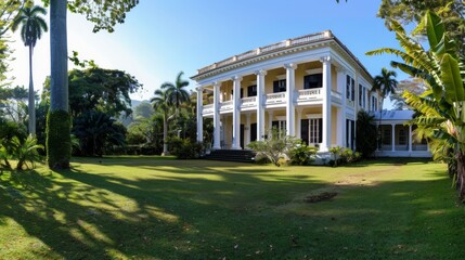 Panoramic view of a large colonial-style house with white pillars and a veranda.