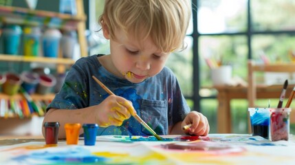 Preschooler painting with watercolors, creating artwork on a large paper sheet.