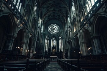 Obraz premium Empty gothic cathedral interior with stained glass windows illuminating the aisle and pews