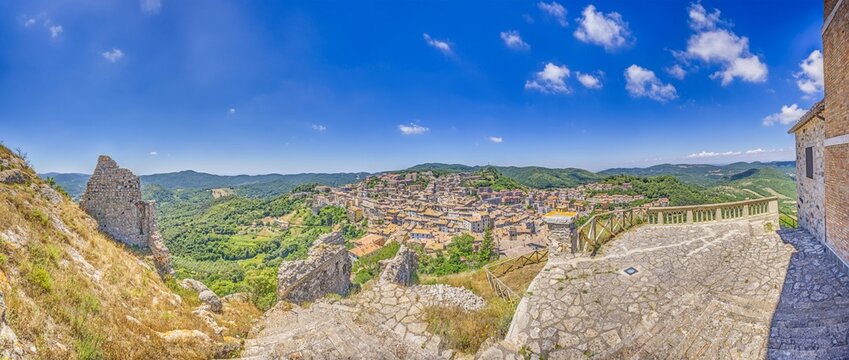 Panoramic view of the small Italian town of Tolfa from the castle above