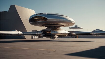 Futuristic spaceship landing on concrete.