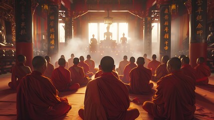 Fototapeta premium Tranquil Unity: Monks Chanting in Temple Embracing Spiritual Harmony