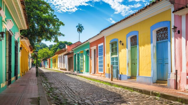 Fototapeta Colorful colonial buildings in a historic district with cobbled streets