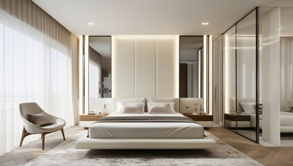 Fototapeta premium Creamy white main bedroom model, modern style.