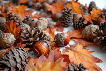 A wreath of pine cones and walnuts sits on a wooden table for Thanksgiving decoration.