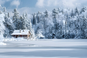Scenic winter landscape with snow-covered trees, a frozen lake, and a cozy cabin, evoking tranquility and seasonal beauty.



