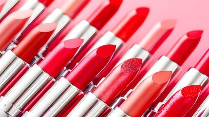A vibrant display of red lipsticks lined up in a row on a pink background, showcasing various shades and finishes for makeup enthusiasts.
