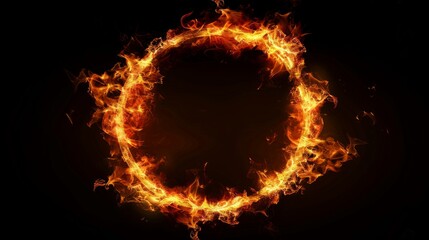 Circle of Fire flame with movement on black background, Beautiful yellow, orange and red and red blaze fire flame texture style