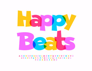 Vector funny emblem Happy Beats. Bright Colorful Font. Creative cool Alphabet Letters and Numbers set.