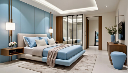 Light blue main bedroom model, modern style.
