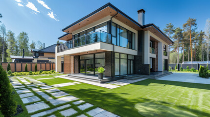Fototapeta premium Modern two-story country private house in a pine forest