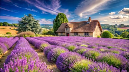 Serene rural landscape featuring a charming thatched roof cottage surrounded by a vibrant field of purple lavender on a sunny day.