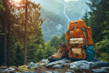 Orange hiking backpack and hiking boots placed on rocks in a serene mountain forest setting, ideal for travel and adventure concepts.