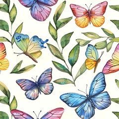 Butterfly botanical summer Seamless pattern with watercolor butterflies